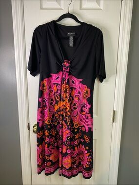 Kathy Robert’s Black Midi Dress with Pink & Orange Paisley Motif Size 16.